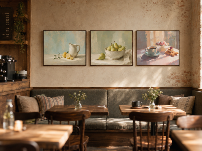 coffee shop wall art framed prints set of 3 above cafe banquette seating