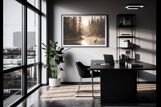commercial wall art for corporate office with deer lake framed