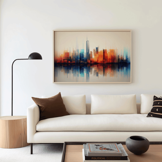 Does Wall Art Have to Match Furniture? - Buy Wall Art, bold, colorful cityscape wall art framed above a beige couch in a living room
