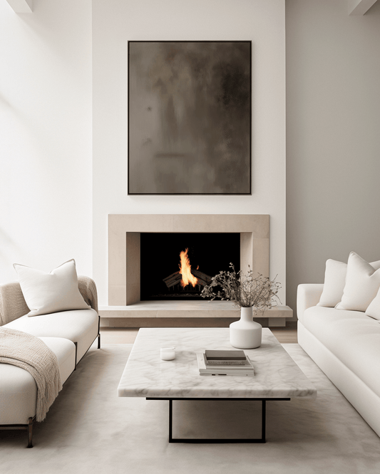 Minimal living room with a moody, earthy, brown framed canvas print above fireplace in a modern living room from buy wall art