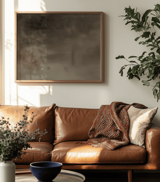 Framed wall art hung above a sofa in a living room, demonstrating balanced wall art size and placement using the 2/3 rule.