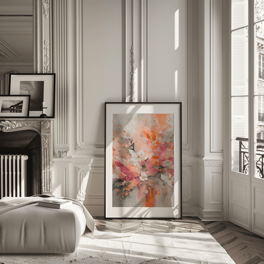 how to hang canvas wall art like a pro and why command strips fail - buy wall art, modern, bold and colorful abstract floral print framed in a modern living room