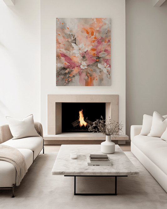 Modern living room with neutral furniture featuring a large unframed canvas wall art above a fireplace.