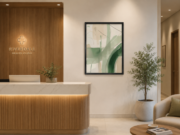 green beige framed abstract canvas wall art in a minimal modern healthcare office near front desk
