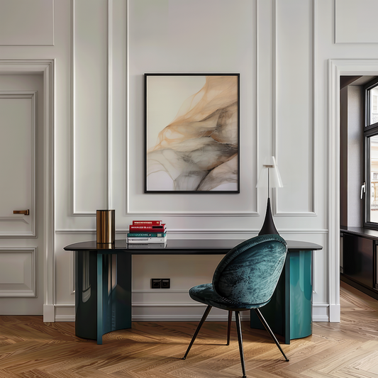 Modern living room with abstract framed wall art above teal desk, styled with books and neutral decor — luxury wall art inspiration from Buy Wall Art.