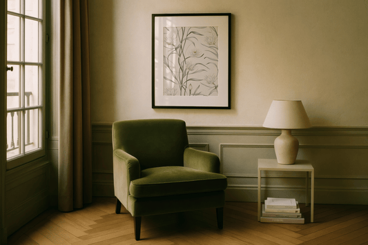 Framed botanical wall art styled in a hotel guest room as part of a coordinated hospitality wall art system for multiple rooms by Buy Wall Art