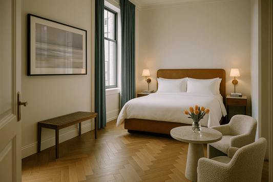 Modern hotel guest room featuring framed wall art for hospitality interior design project