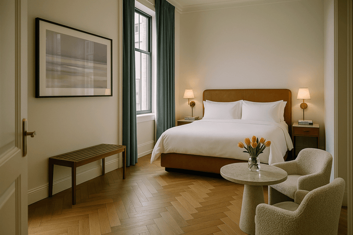 Modern hotel guest room featuring framed wall art for hospitality interior design project