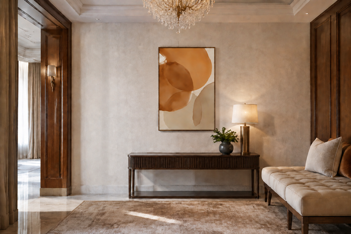 Upscale hotel lobby seating area featuring a vertical terracotta brown and beige neutral abstract print in a brown wood frame, centred above a console table with warm lighting and neutral décor.