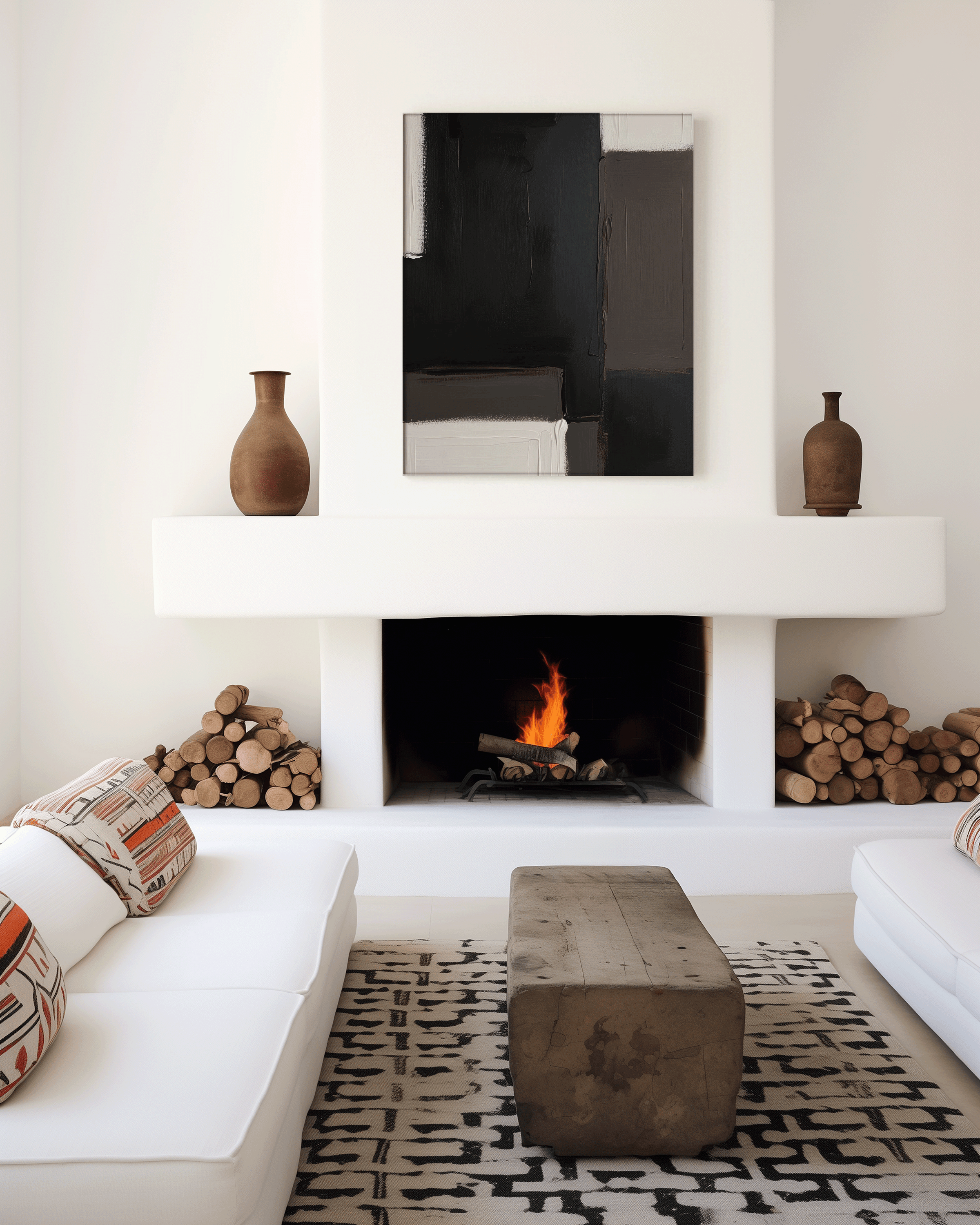 Large abstract wall art in black and neutral tones styled above a modern white fireplace in a cozy living room with wood accents and contemporary seating.
