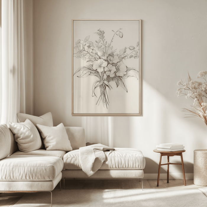Oversized vintage peony bouquet sketch framed above a cream sectional in a neutral living room