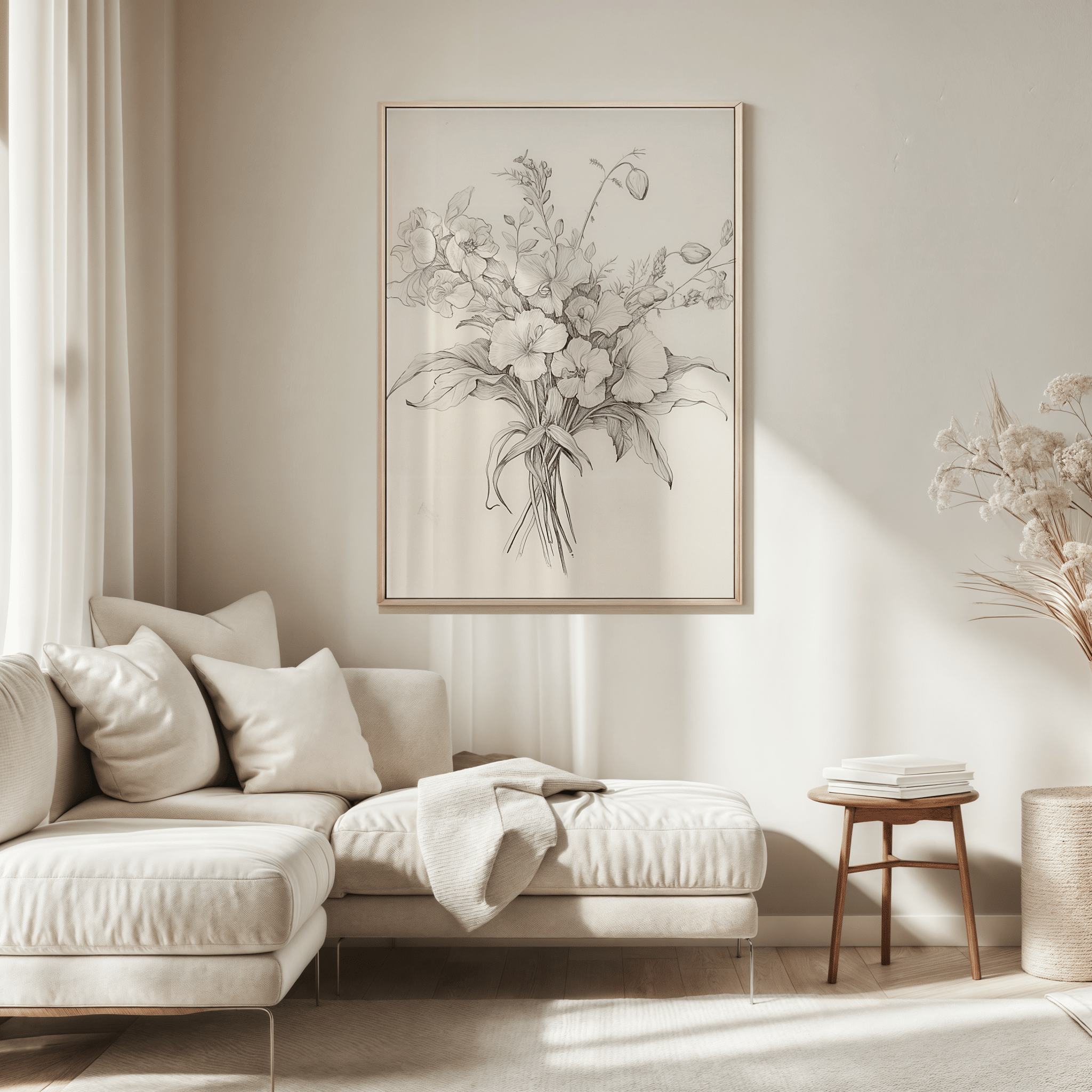 Oversized vintage peony bouquet sketch framed above a cream sectional in a neutral living room