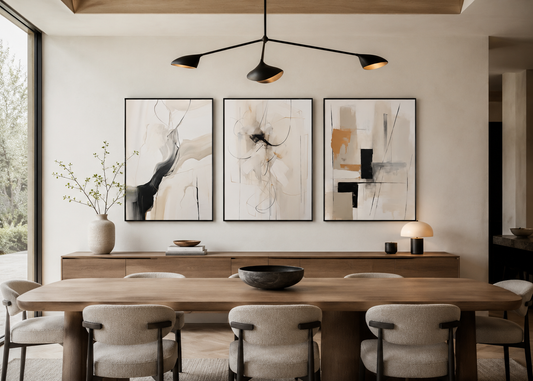 set of 3 modern contemporary abstract wall art prints framed in a dining room space