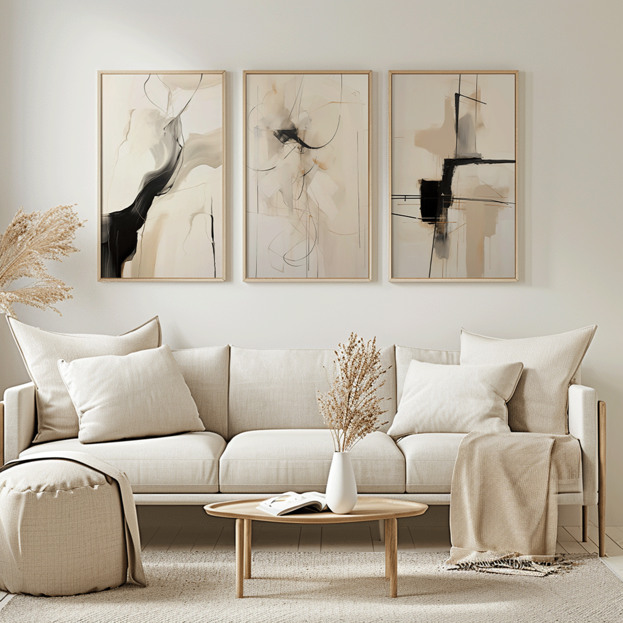 Minimalist modern wall art prints styled above a beige couch, featuring abstract and neutral designs in canvas and framed formats