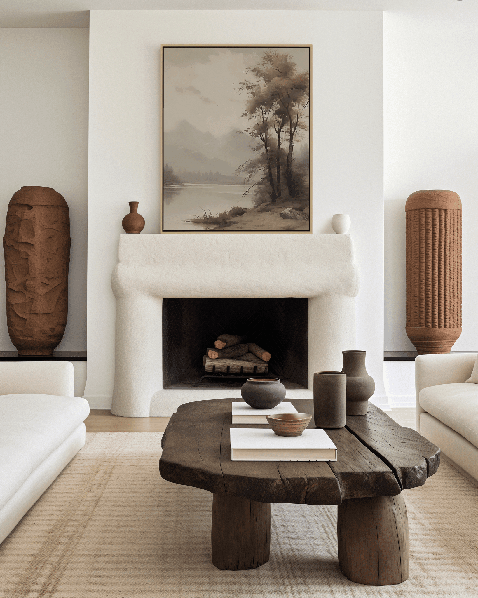 Moody vintage landscape wall art framed above a fireplace in a warm neutral living room