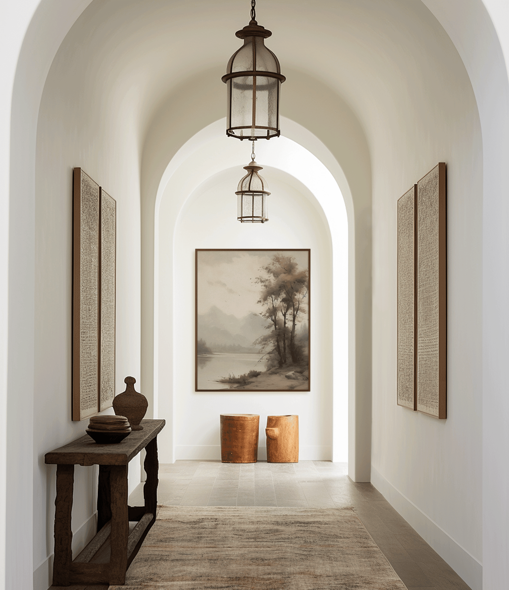 Moody vintage landscape wall art framed in an arched hallway