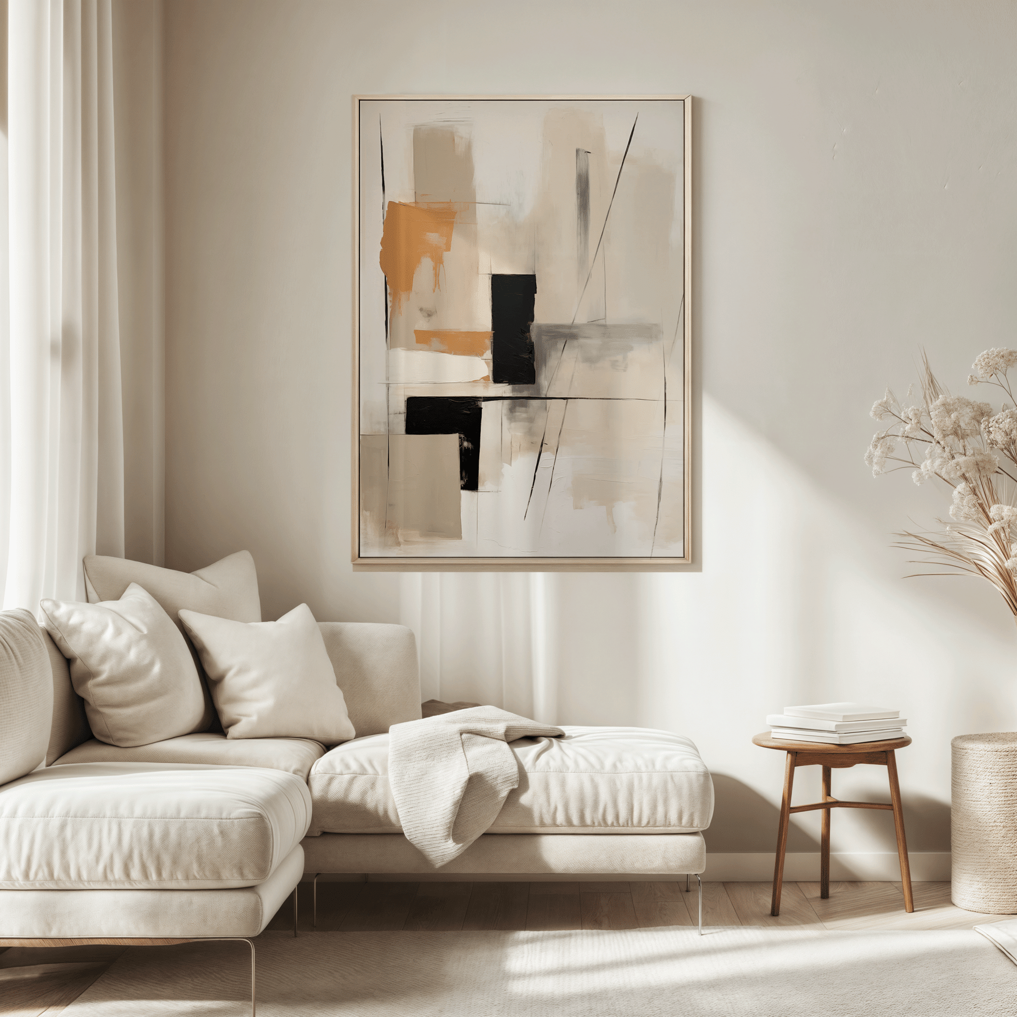 Large wall art Canada - oversized abstract canvas print above beige sofa in modern minimalist living room