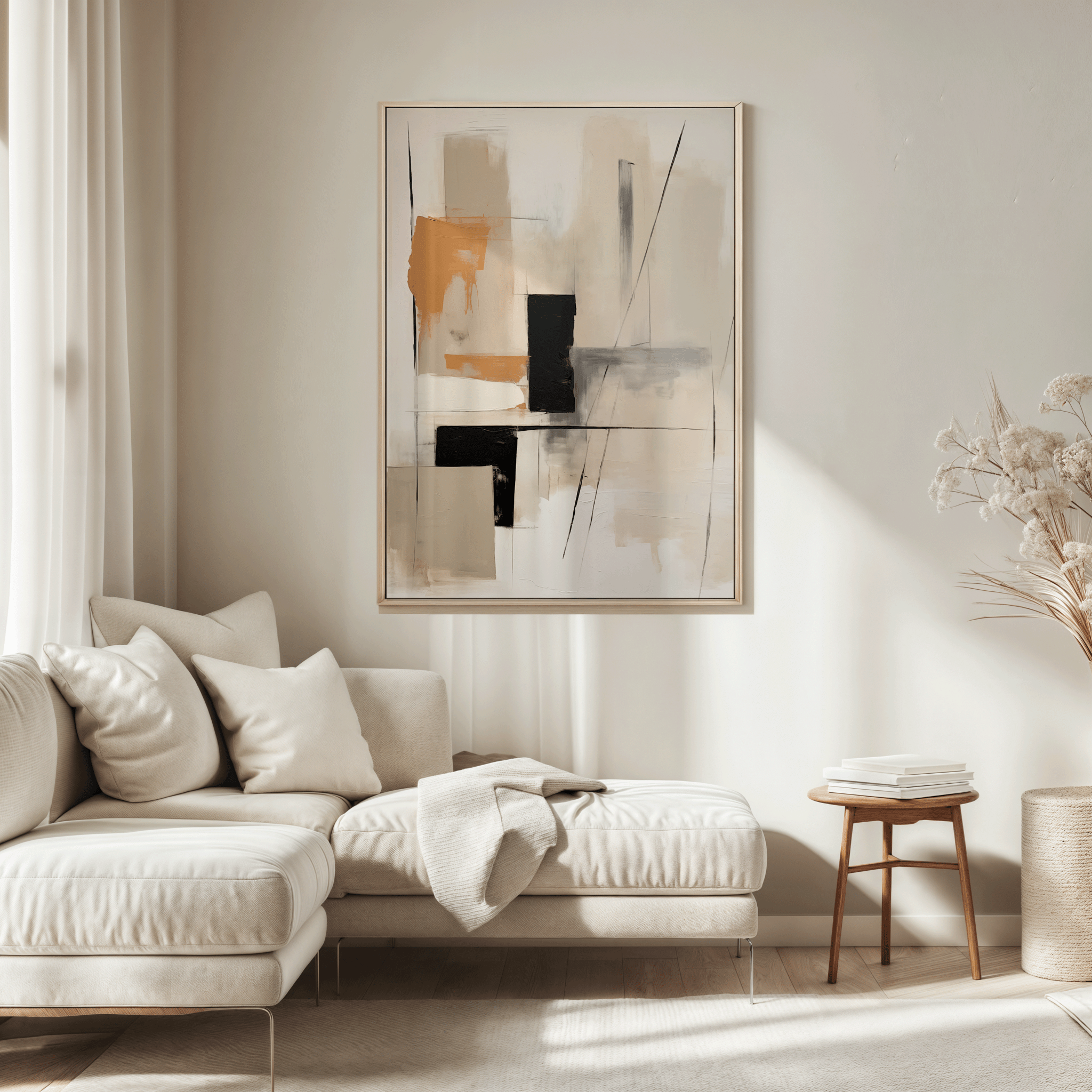 Large wall art Canada - oversized abstract canvas print above beige sofa in modern minimalist living room