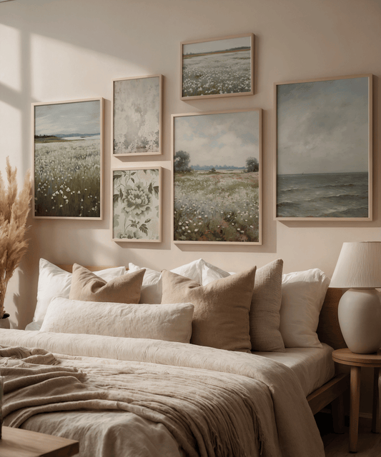 Framed canvas wall art for bedroom featuring soft neutral tones, nature landscapes, and floral prints styled above bed in a modern, calming space
