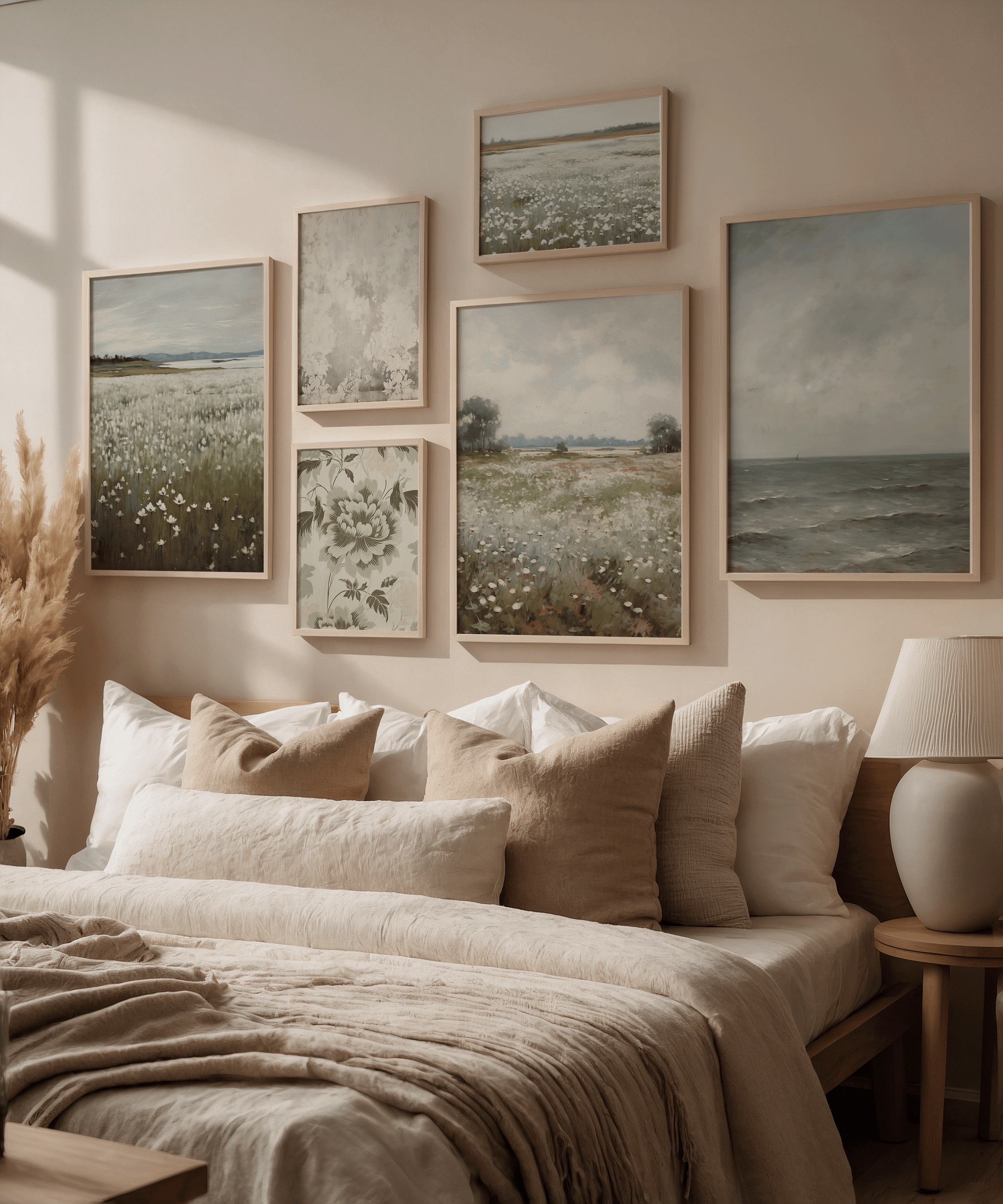 Framed canvas wall art for bedroom featuring soft neutral tones, nature landscapes, and floral prints styled above bed in a modern, calming space