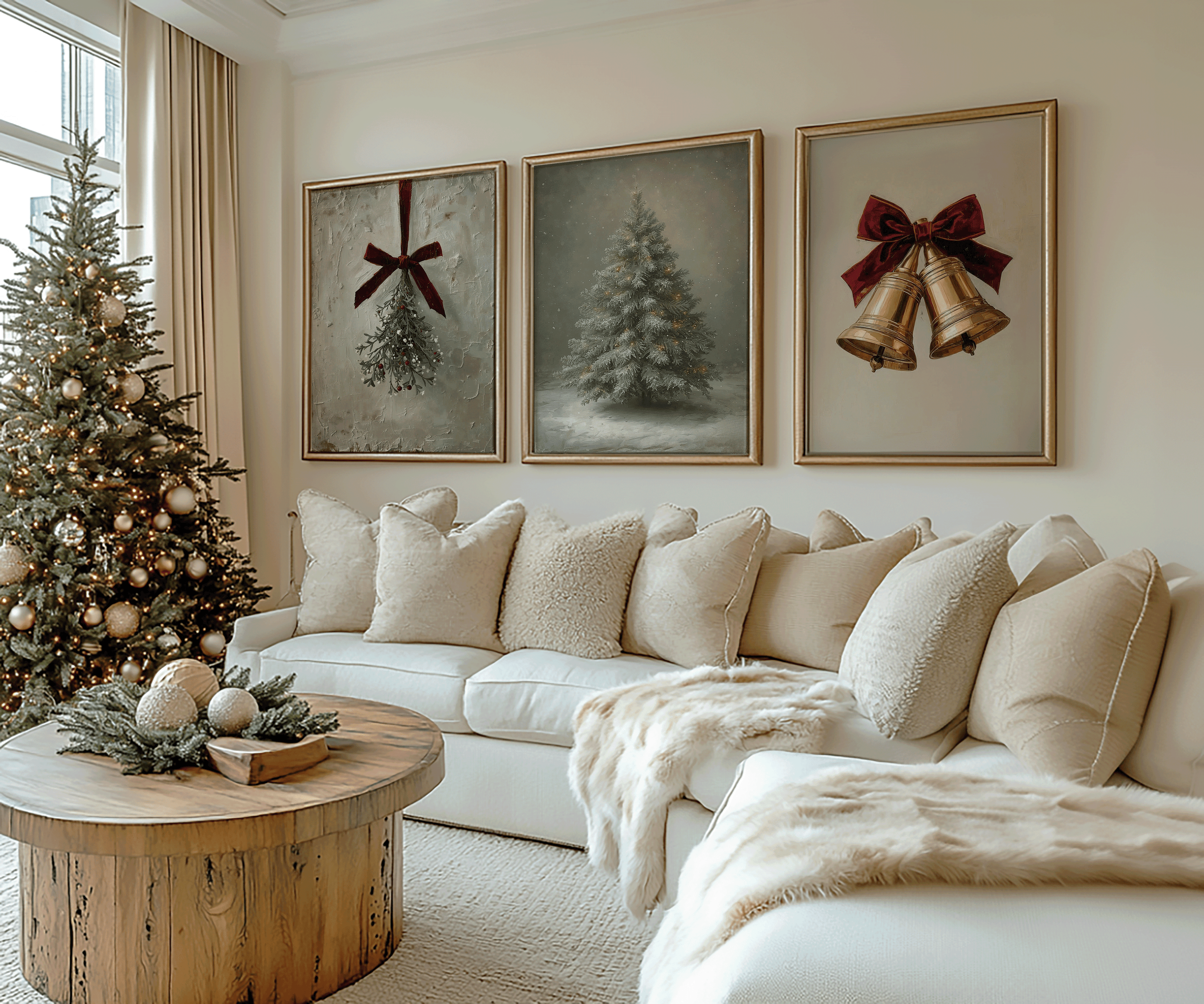Neutral Christmas gallery wall with mistletoe, snowy Christmas tree and gold bells prints above a beige sectional