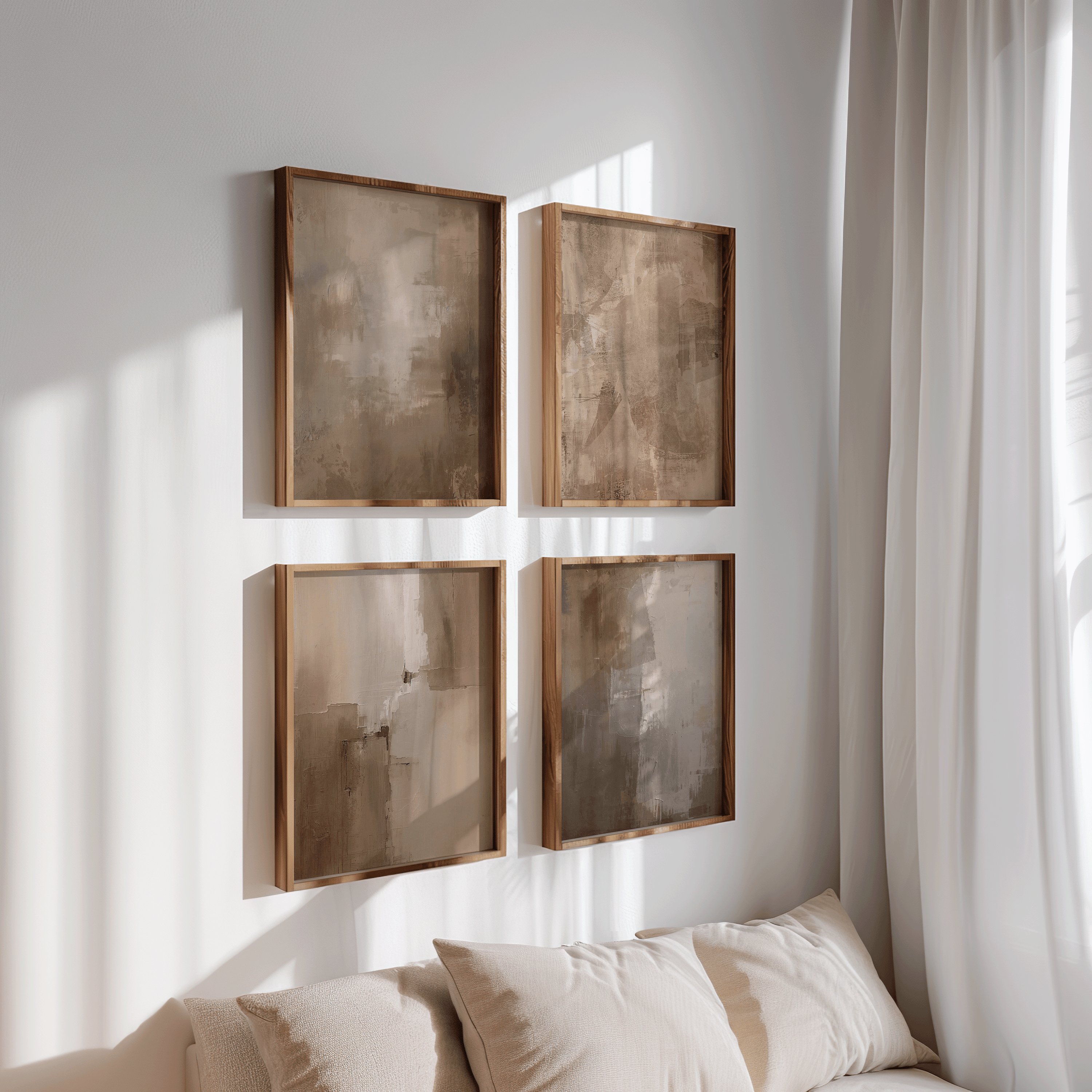 Set of four warm beige and brown abstract prints in natural wood frames arranged in a grid above a beige sofa