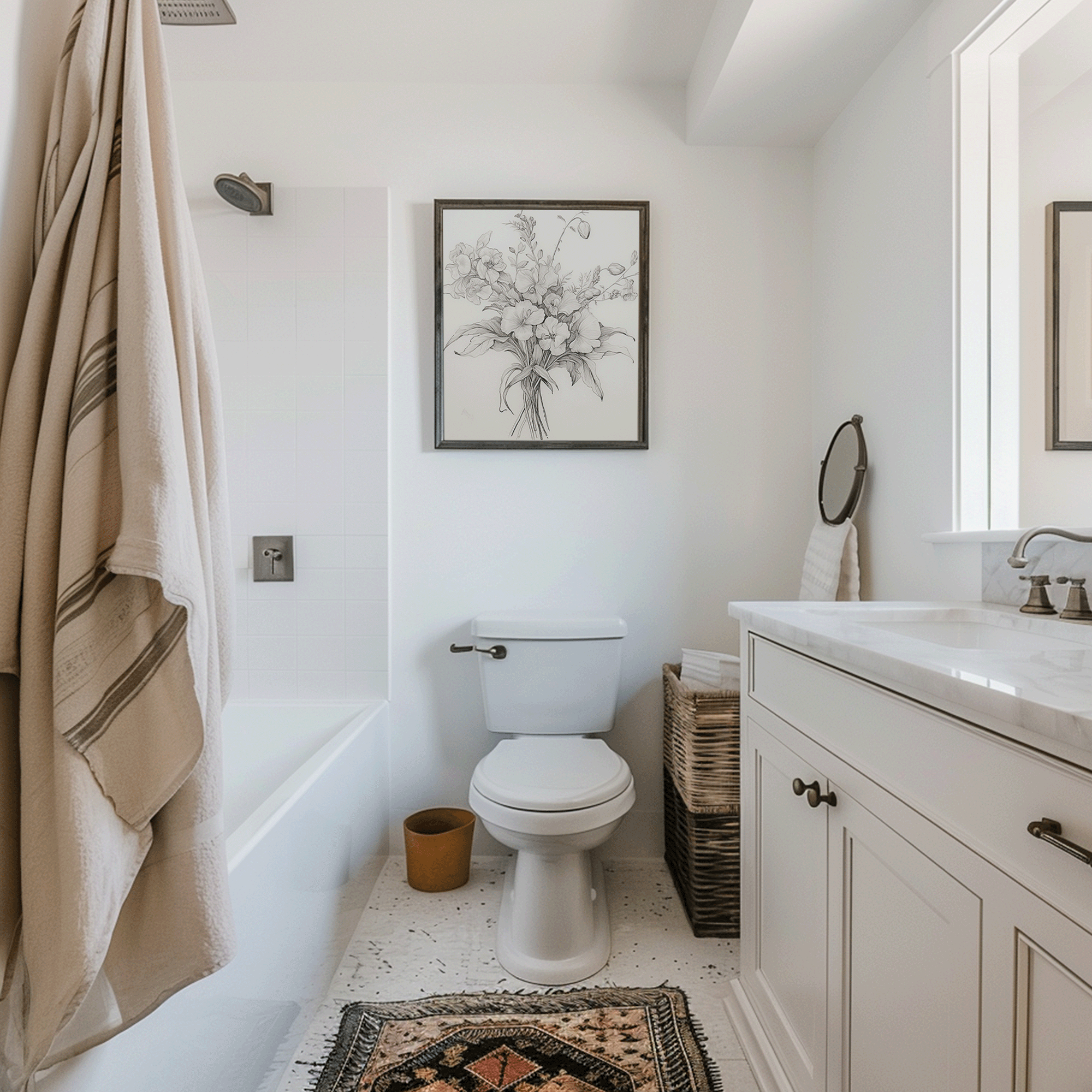 Neutral abstract bathroom canvas wall art above a white vanity, framed in natural wood