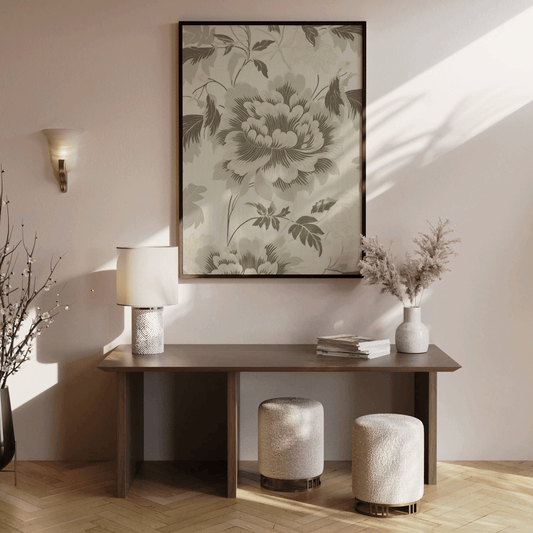 Pictures in a Hallway That Wow: Layout Ideas, Art Styles & Placement Tips - Buy Wall Art, muted green floral wall art framed above a brown wooden console table in a hallway