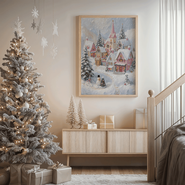 Pink Christmas village wall art in a light wood frame above a console beside a frosted Christmas tree