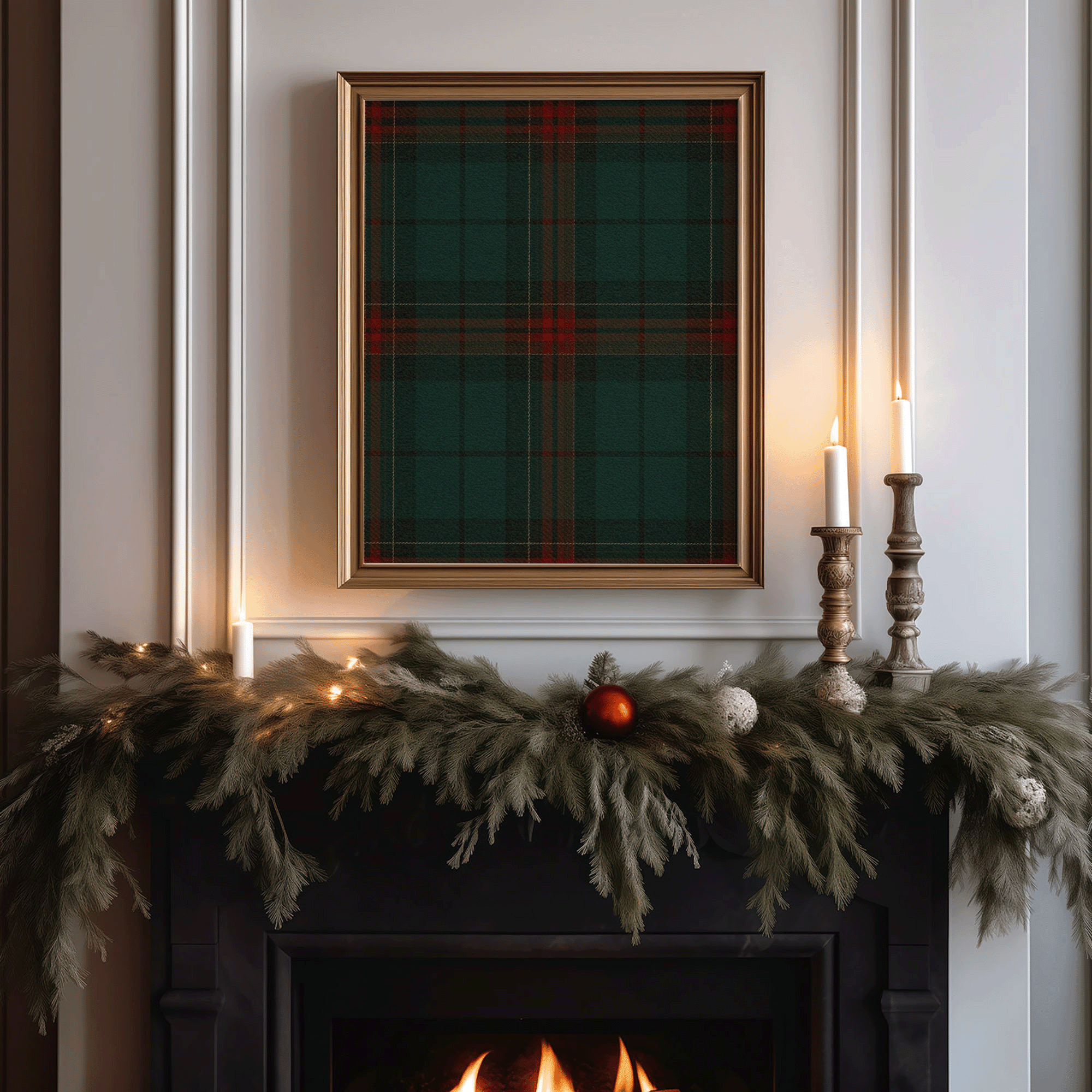 Plaid wall art in classic Ralph Lauren Christmas colors of deep green and red, framed above a festive holiday mantel with candles, garland, and gold accents for a timeless, elegant Christmas decor look.