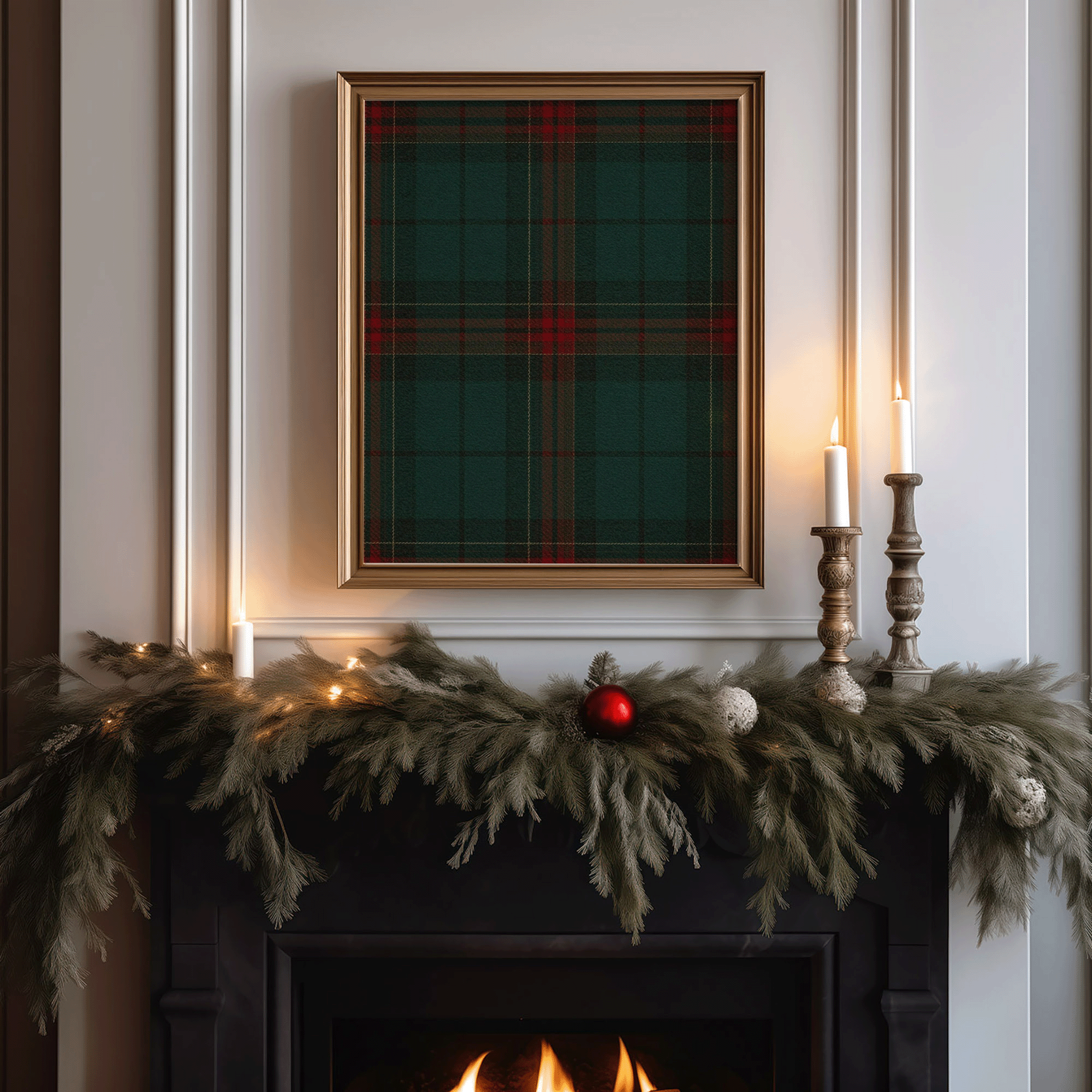 Plaid wall art in classic Ralph Lauren Christmas colors of deep green and red, framed above a festive holiday mantel with candles, garland, and gold accents for a timeless, elegant Christmas decor look.