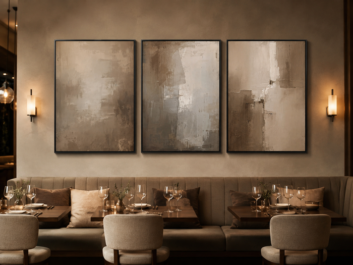 Three warm neutral abstract prints in black frames hung as a triptych above a banquette in an upscale restaurant dining room