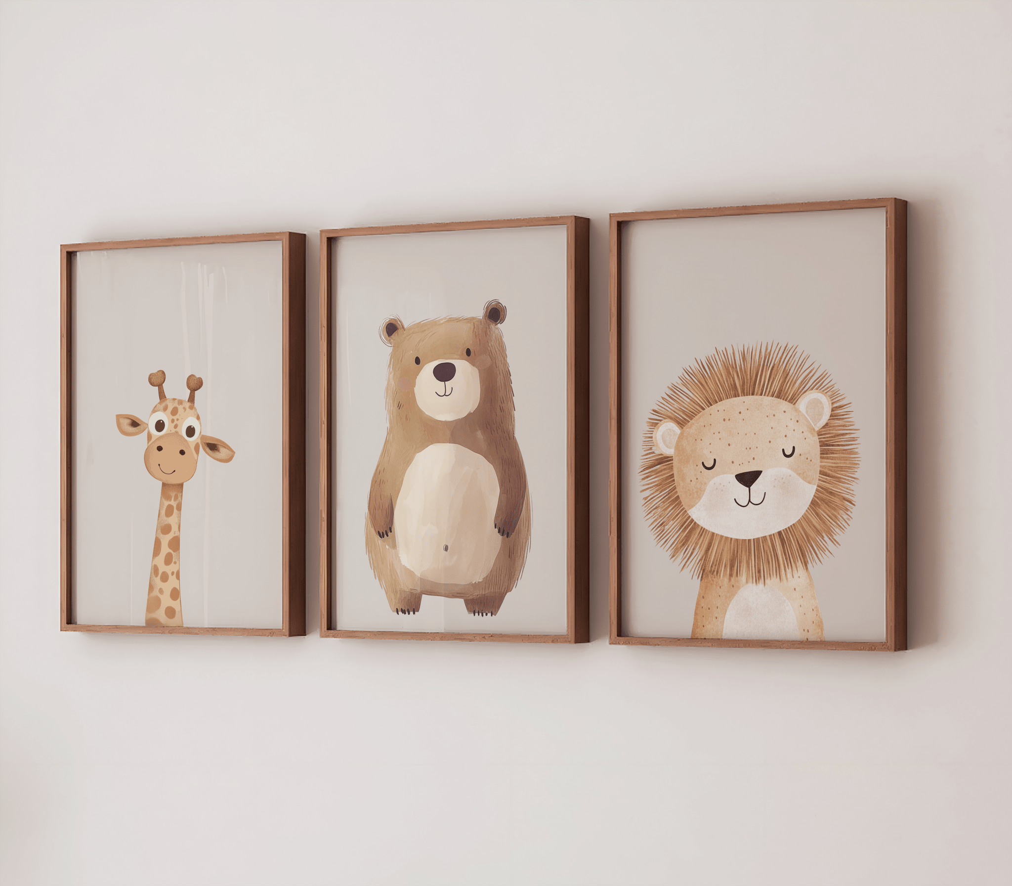Nursery wall art set with three framed animal prints styled on a white wall for a child’s nursery, showing how 3 piece wall art creates a balanced and cohesive look.