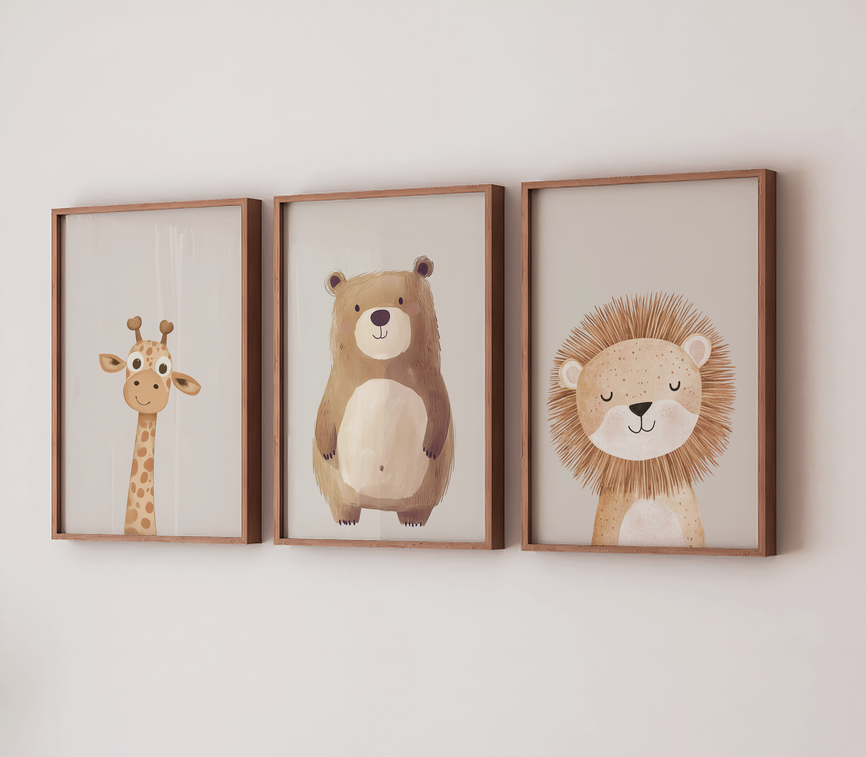 Nursery wall art set with three framed animal prints styled on a white wall for a child’s nursery, showing how 3 piece wall art creates a balanced and cohesive look.