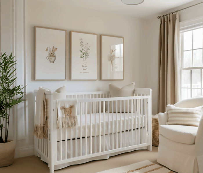 set of 3 vintage baby girl nursery wall art prints framed above a white crib in a neutral room