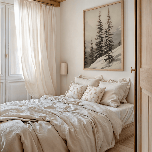 Neutral snowy mountain and pine tree print above a Scandinavian-style bed