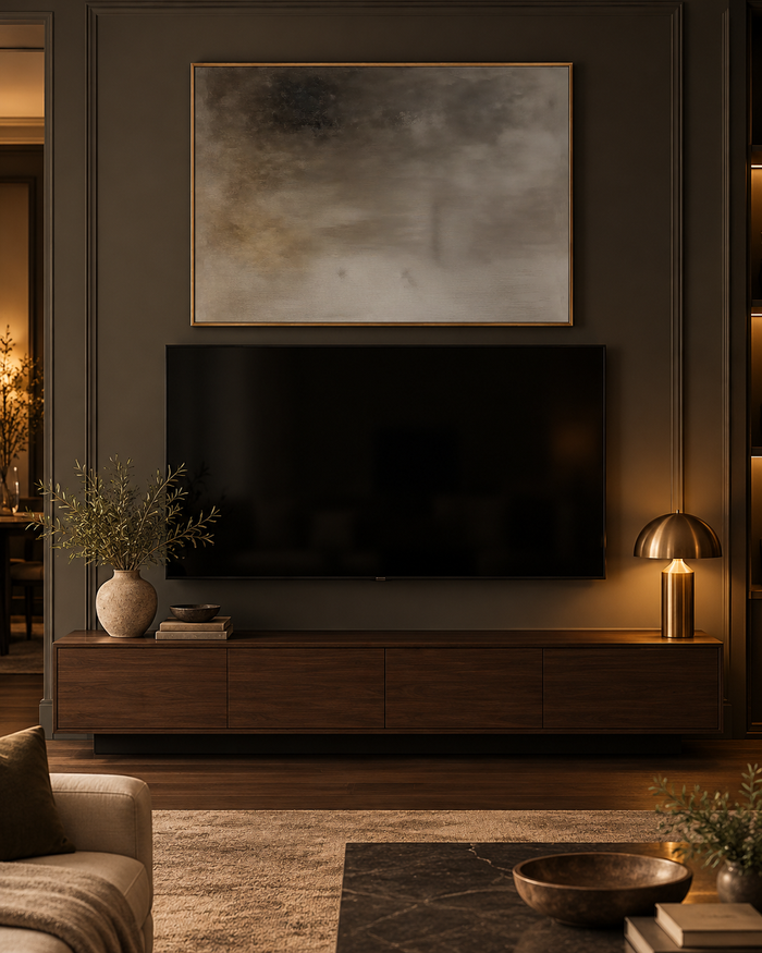 moody earthy brown abstract wall art in a brass frame above a TV in a dark living room