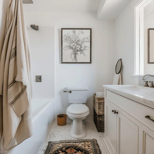 Wall art above toilet in a modern bathroom showing proper size, placement, and clean minimalist decor