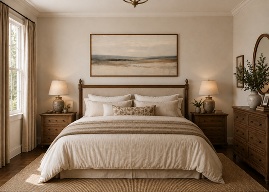 Large framed landscape canvas wall art displayed above a queen bed in a cozy, traditional neutral bedroom — sized to fit a queen-size headboard