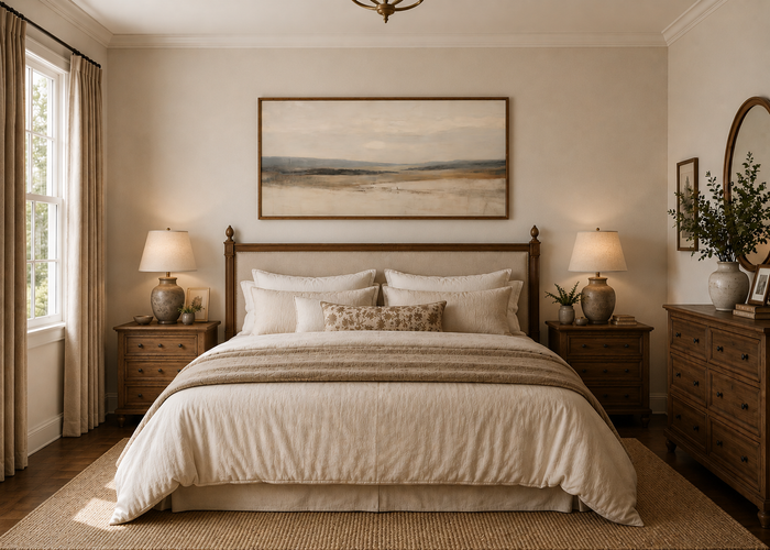 Large framed landscape canvas wall art displayed above a queen bed in a cozy, traditional neutral bedroom — sized to fit a queen-size headboard