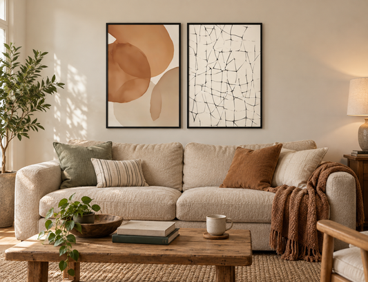 Two framed wall art prints in black frames hung above a beige sofa, showing correct placement and sizing for living room wall art
