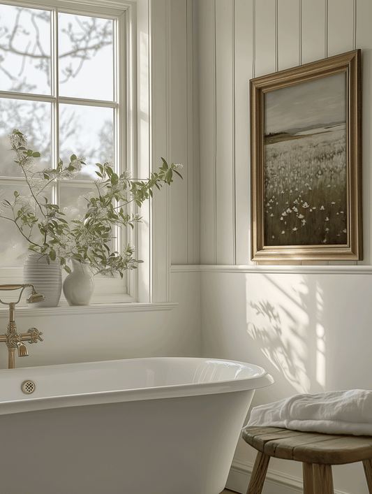 Framed landscape wall art above a bathtub in a bright bathroom with natural light and neutral decor.
