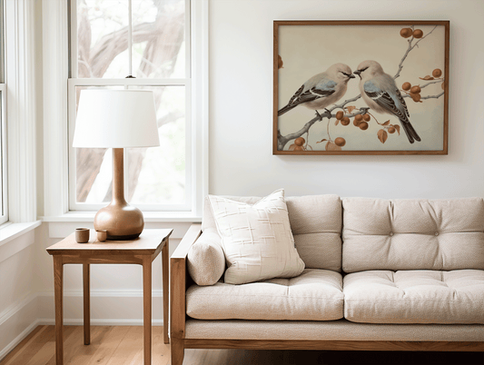 Wall art placement examples in a living room above a couch, fireplace, and sectional