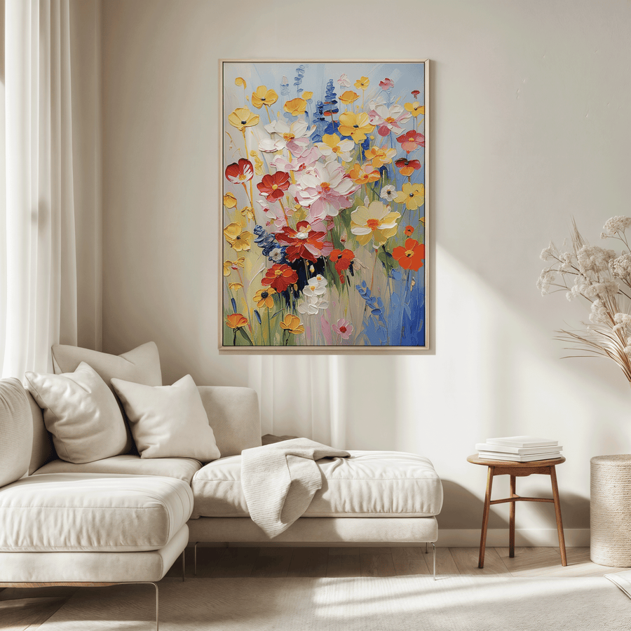 Colorful abstract floral wall art print above a neutral linen sofa in a bright modern living room styled for spring home decor