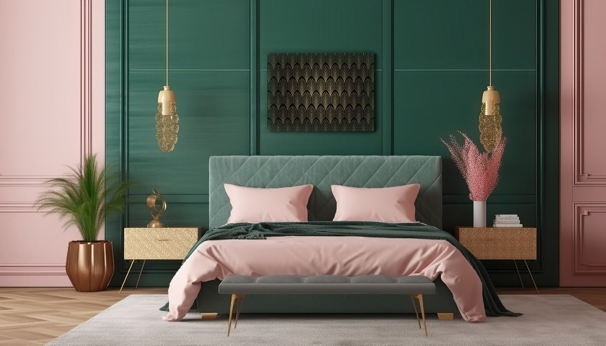 art deco black and gold painting on an emerald green wall in a bedroom with pink accents