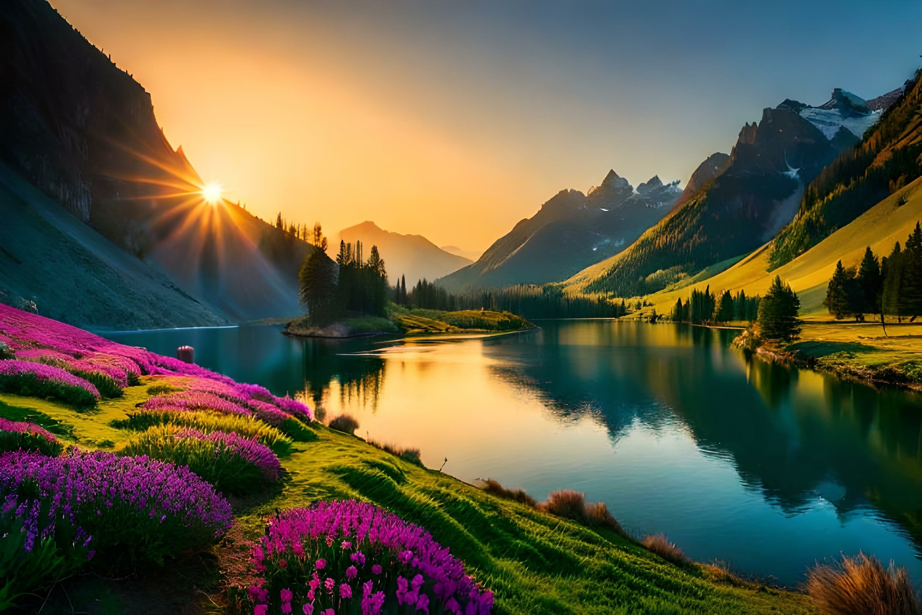 beautiful image of the lake, green grass, pink flowers, mountains, blue skies and the sunsetting