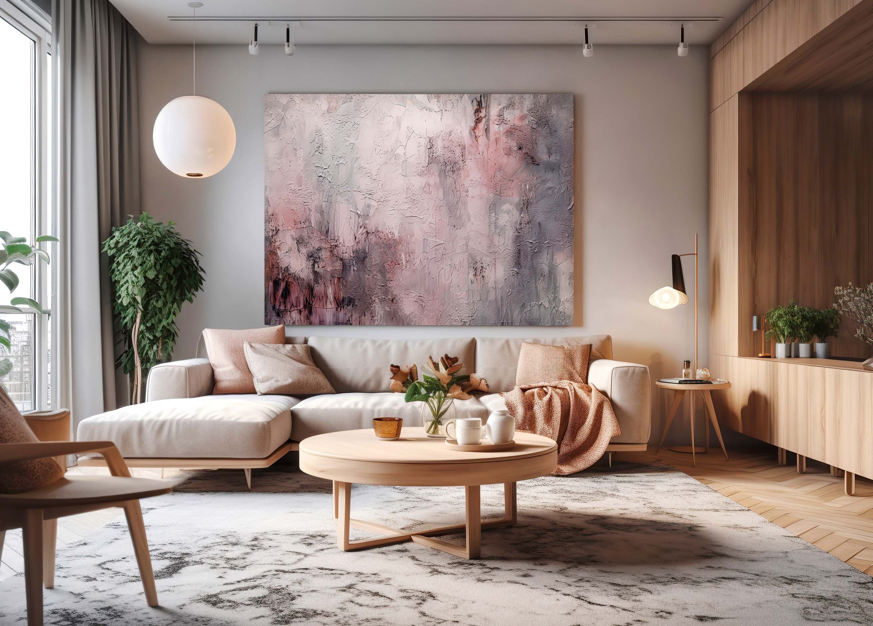 pastel pink grey white black large canvas artwork in a beautiful room