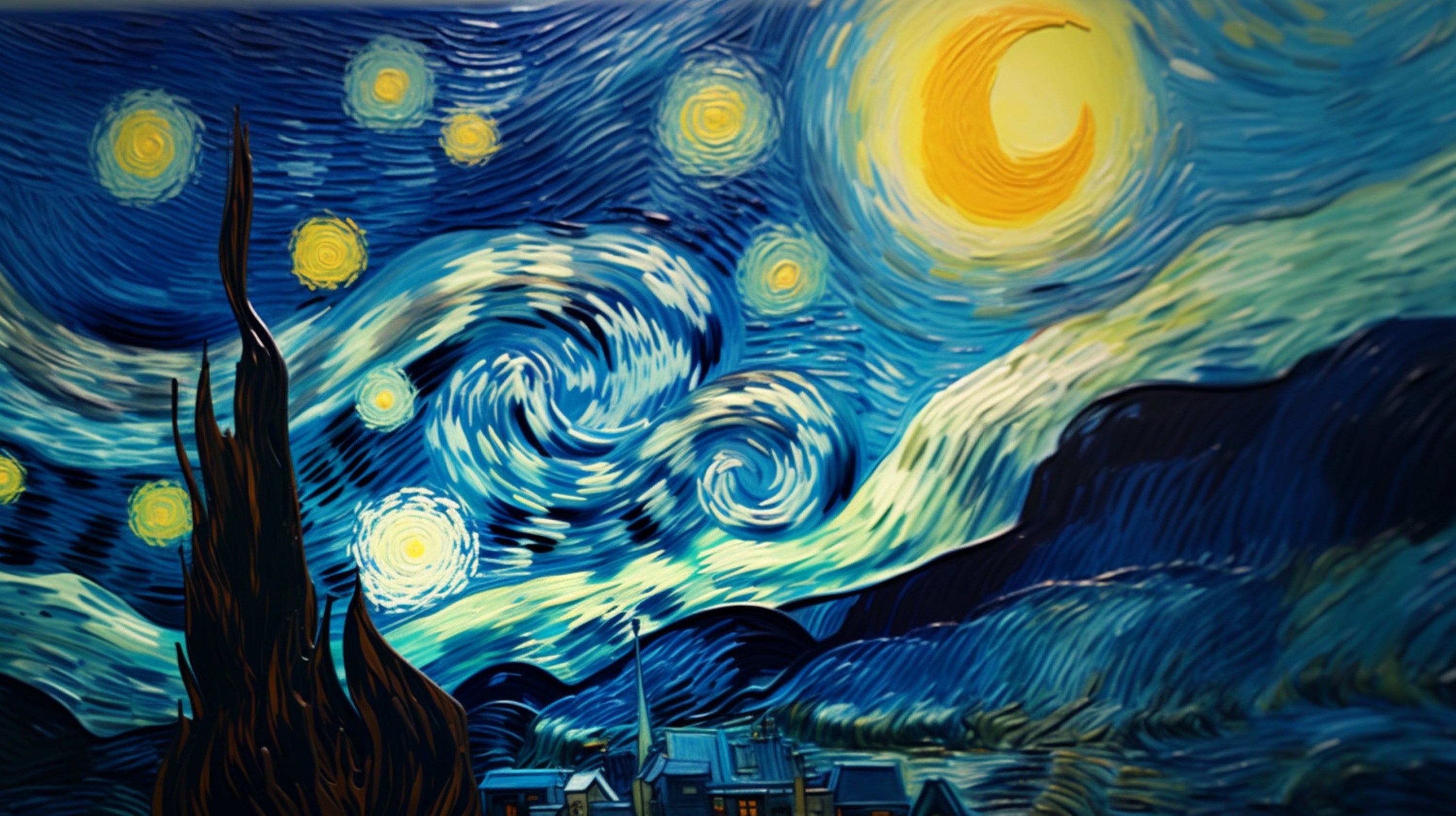 Van Gogh art of moon and blue skies and swirls
