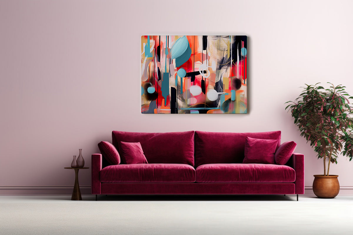 colour modern abstract wall art against a light pink wall and a majenta couch