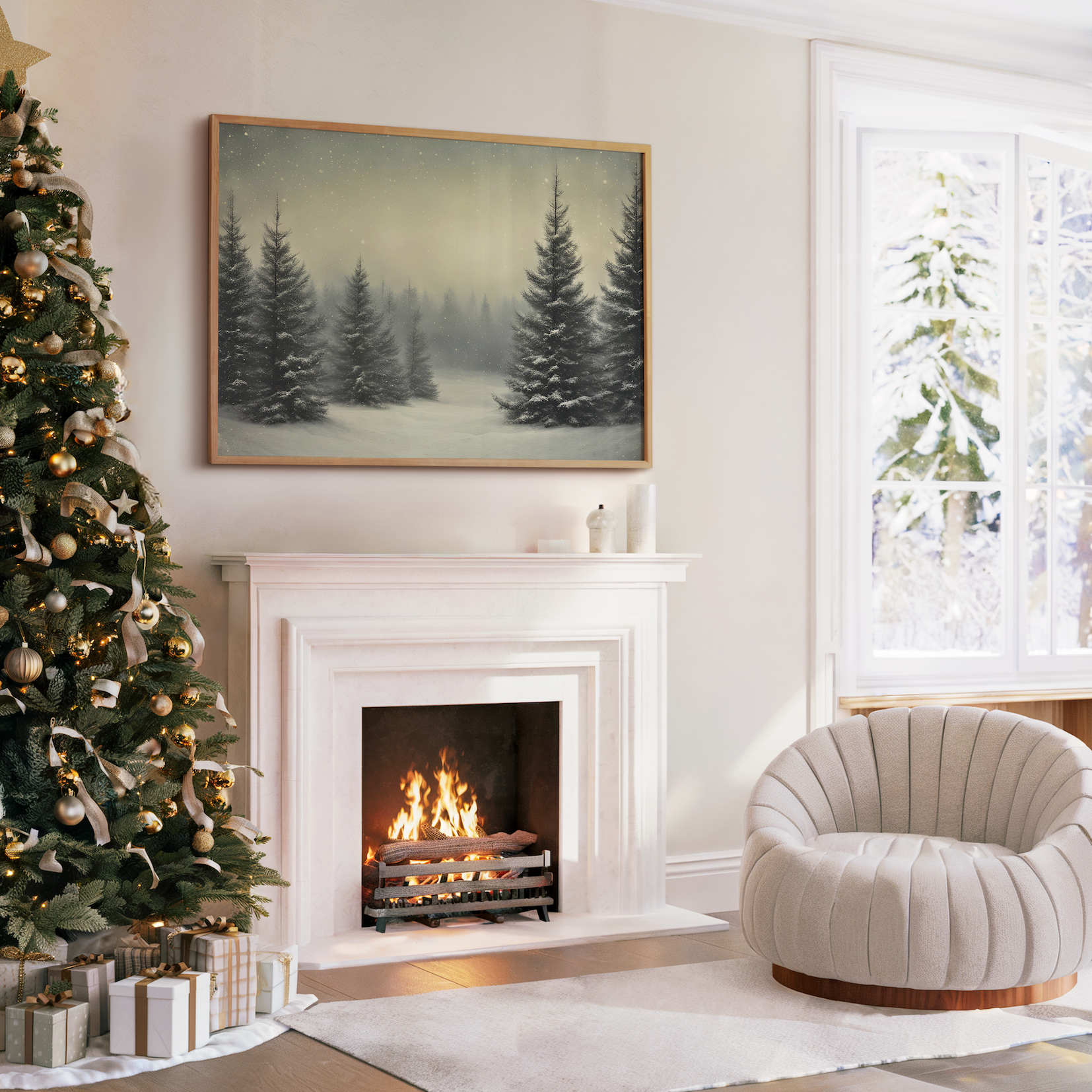 Cozy living room with Christmas canvas wall art above a fireplace, featuring snowy pine trees and festive decor